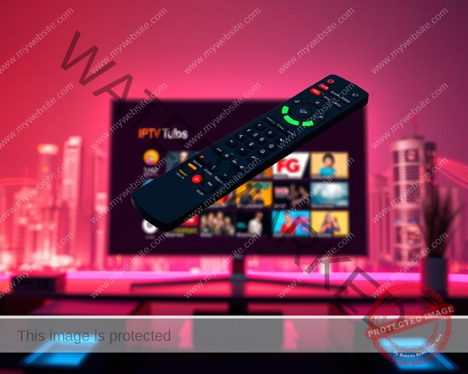 A futuristic and visually striking image of IPTV special features. In the foreground, a sleek and modern IPTV remote control hovers, its buttons glowing with vibrant colors. The middle ground depicts a crisp, high-definition display showcasing a range of IPTV services, from live TV channels to on-demand content, all rendered in a clean and minimalist interface. The background is a stylized, neon-infused cityscape, hinting at the global connectivity and advanced technology that powers the IPTV experience. The scene is illuminated by a warm, diffused lighting that creates a sense of depth and atmosphere, highlighting the cutting-edge features and seamless user experience of the IPTV system.