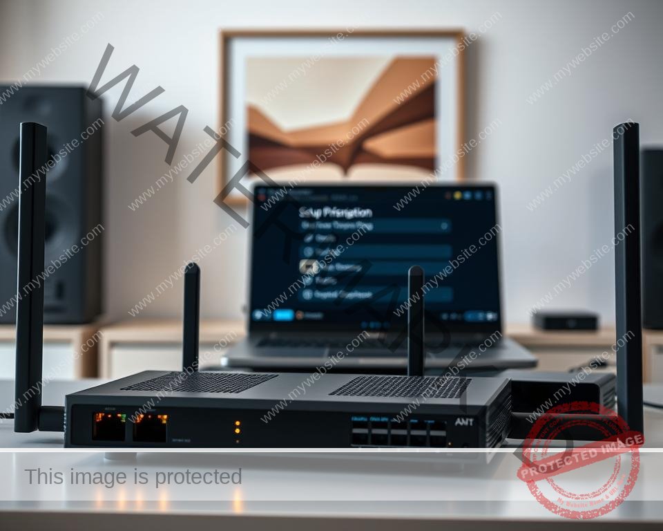 A high-definition streaming setup guide with a sleek, modern aesthetic. In the foreground, a high-end router and network switch sit on a minimalist desk, their LED indicators casting a soft glow. In the middle ground, a laptop and streaming device are positioned, their screens displaying setup instructions and configuration options. The background features a clean, minimalist wall with tasteful artwork, creating a serene and professional atmosphere. Soft, indirect lighting illuminates the scene, emphasizing the high-quality components and crisp, clear visuals. The overall composition conveys a sense of technological sophistication and ease of use, perfectly suited for guiding new users through the setup process. A high-definition streaming setup guide with a sleek, modern aesthetic. In the foreground, a high-end router and network switch sit on a minimalist desk, their LED indicators casting a soft glow. In the middle ground, a laptop and streaming device are positioned, their screens displaying setup instructions and configuration options. The background features a clean, minimalist wall with tasteful artwork, creating a serene and professional atmosphere. Soft, indirect lighting illuminates the scene, emphasizing the high-quality components and crisp, clear visuals. The overall composition conveys a sense of technological sophistication and ease of use, perfectly suited for guiding new users through the setup process.