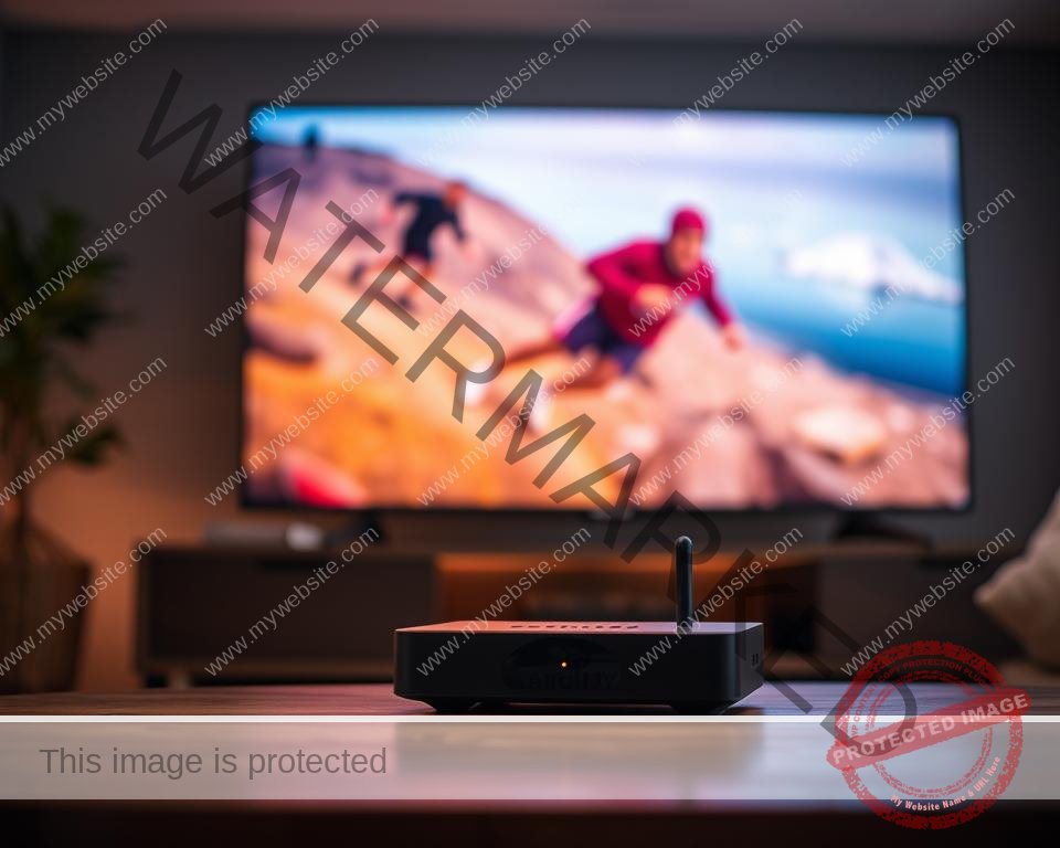 A high-quality IPTV streaming experience with exceptional resolution and frame rate. The foreground depicts a television screen displaying crystal-clear video, showcasing vibrant colors, sharp details, and smooth motion. In the middle ground, a sleek, modern streaming device with minimalist design sits prominently, symbolizing the seamless integration of IPTV technology. The background features a dimly lit, cozy living room setting, with warm lighting and subtle ambient textures, creating a comfortable and immersive viewing environment. The overall scene conveys a sense of technological sophistication, visual fidelity, and enjoyment associated with IPTV streaming.