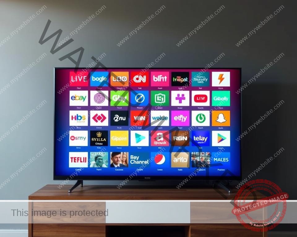 A high-quality image of various UK live television channels displayed on a modern flat-screen TV set, placed on a wooden entertainment unit against a minimalist gray wall background. The screen shows a diverse array of channel logos and program thumbnails, capturing the breadth of content available on UK television. The lighting is soft and natural, highlighting the sleek, high-tech design of the TV. The camera angle is slightly elevated, providing a clean, unobstructed view of the scene. The overall composition conveys a sense of informative, visually engaging presentation suitable for an article on IPTV and UK television programming.