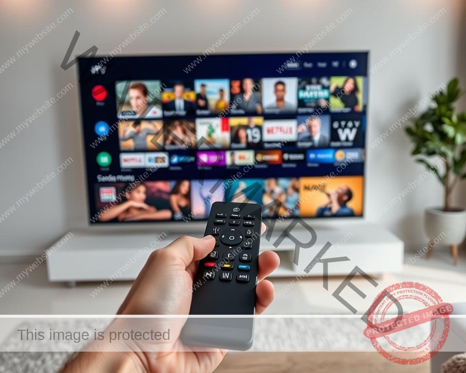 A high-quality, wide-angle shot of a modern IPTV service interface displayed on a large, sleek TV screen. The screen shows a grid layout with various content categories, including live TV channels, on-demand movies, TV shows, and sports events. The interface has a clean, minimalist design with vibrant colors, sharp contrast, and smooth animations. In the foreground, a hand holding a modern, high-end remote control is visible, highlighting the seamless user experience. The background features a minimalist, contemporary living room setting with neutral tones and subtle lighting, creating a cozy and immersive atmosphere for the IPTV service experience.