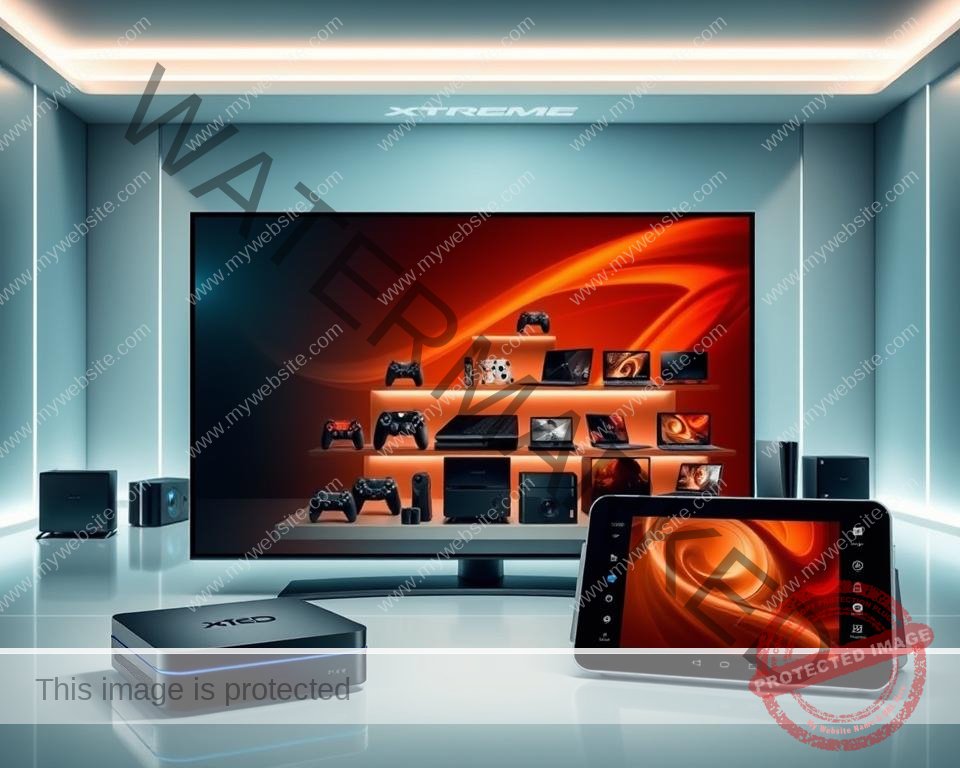 A high-tech, well-lit display showcasing the compatible devices for Xtreme HD IPTV. In the foreground, a sleek, modern smart TV, a state-of-the-art streaming box, and a handheld tablet, all arranged in a visually appealing composition. In the middle ground, various other compatible devices such as gaming consoles, laptops, and smartphones, neatly organized to demonstrate the wide range of compatibility. The background features a minimalist, tech-inspired environment with clean lines and subtle gradients, creating a sense of sophistication and high-end technology. The lighting is soft and directional, highlighting the devices and creating a sense of depth and dimension. The overall tone is one of advanced, high-quality entertainment technology that seamlessly integrates with Xtreme HD IPTV. A high-tech, well-lit display showcasing the compatible devices for Xtreme HD IPTV. In the foreground, a sleek, modern smart TV, a state-of-the-art streaming box, and a handheld tablet, all arranged in a visually appealing composition. In the middle ground, various other compatible devices such as gaming consoles, laptops, and smartphones, neatly organized to demonstrate the wide range of compatibility. The background features a minimalist, tech-inspired environment with clean lines and subtle gradients, creating a sense of sophistication and high-end technology. The lighting is soft and directional, highlighting the devices and creating a sense of depth and dimension. The overall tone is one of advanced, high-quality entertainment technology that seamlessly integrates with Xtreme HD IPTV.