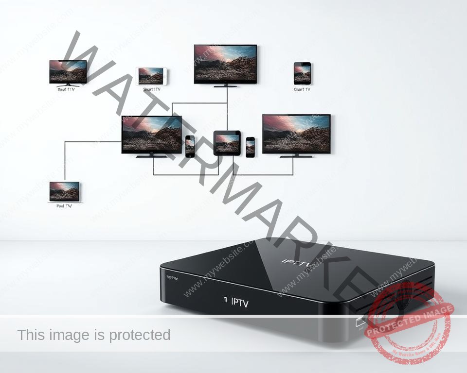 A modern and sleek IPTV device set against a minimalist background, showcasing its compatibility with various electronic devices. The device is rendered in high detail, with a glossy black finish and clean lines. The foreground features the device prominently, while the middle ground depicts a selection of compatible devices such as smart TVs, tablets, and smartphones, all connected via cables and wireless connections. The background is a simple, light-colored wall, creating a sense of simplicity and focus on the main subject. The lighting is soft and even, highlighting the device's form and emphasizing its modern, high-tech aesthetic.