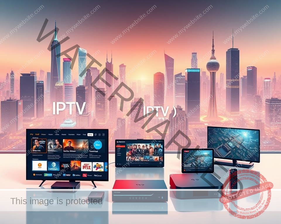 A modern, futuristic illustration of an IPTV streaming service. In the foreground, a sleek and intuitive user interface showcases a variety of live TV channels, on-demand content, and personalized recommendations. The middle ground features a collection of streaming devices, including smart TVs, set-top boxes, and mobile devices, all seamlessly connected to the IPTV service. In the background, a cityscape with towering skyscrapers and a vibrant, neon-lit skyline creates a sense of technological innovation and urban sophistication. The lighting is soft and diffused, creating a warm and inviting atmosphere, while the camera angle suggests a birds-eye view, highlighting the comprehensive and expansive nature of the IPTV streaming experience.