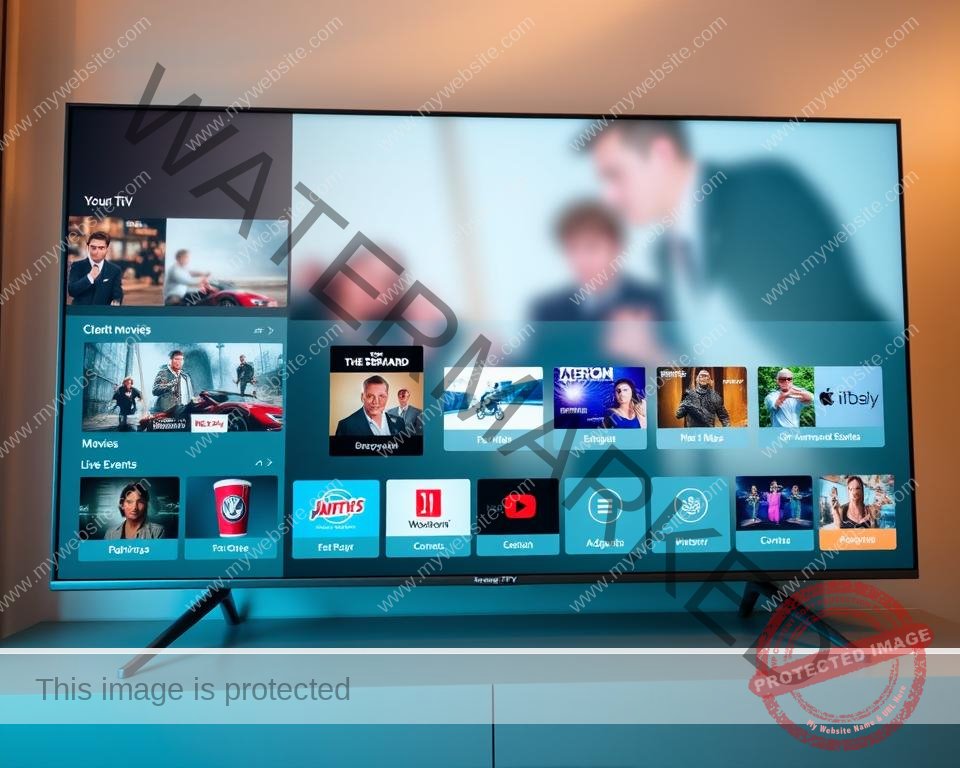 A modern, intuitive IPTV user interface with a clean, minimalist design. The foreground features a sleek, responsive layout with prominent content tiles showcasing various TV channels, on-demand movies, and live events. The middle ground displays a smooth, seamless navigation menu with intuitive icons and labels. The background subtly incorporates a soft, blurred video or image feed, creating a sense of depth and immersion. Warm, balanced lighting illuminates the interface, and the camera angle is slightly angled to provide an engaging, user-centric perspective. The overall mood is one of sophistication, simplicity, and a premium entertainment experience.