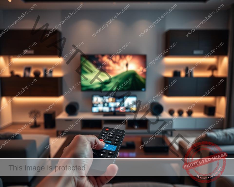 A modern living room with a sleek entertainment center showcasing a variety of smart devices connected to a high-quality IPTV service. In the foreground, a hand holding a remote control, symbolizing the convenience of multi-device accessibility. The middle ground features a large flatscreen TV displaying vibrant, high-definition content. In the background, subtle lighting and minimalist decor create a cozy, inviting atmosphere, highlighting the seamless integration of technology into the home environment.