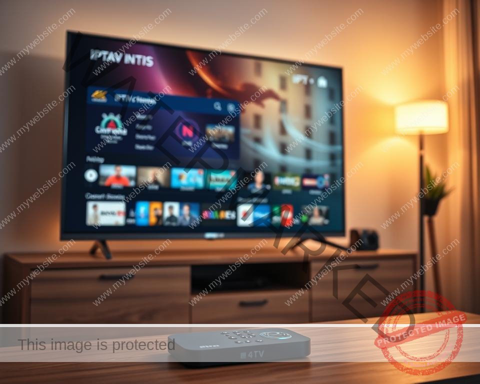 A modern, sleek IPTV service displayed on a 4K resolution smart TV screen, showcasing a wide variety of live TV channels, on-demand content, and user-friendly interface. The scene is bathed in warm, soft lighting, creating a cozy, inviting atmosphere. The TV is placed on a minimalist, wood-tone entertainment unit, with subtle ambient lighting accentuating the device. In the foreground, a wireless remote control and a streaming device, such as a set-top box or dongle, are neatly arranged, suggesting the seamless integration of the IPTV service. The overall composition conveys a sense of premium quality, reliability, and a superior home entertainment experience. A modern, sleek IPTV service displayed on a 4K resolution smart TV screen, showcasing a wide variety of live TV channels, on-demand content, and user-friendly interface. The scene is bathed in warm, soft lighting, creating a cozy, inviting atmosphere. The TV is placed on a minimalist, wood-tone entertainment unit, with subtle ambient lighting accentuating the device. In the foreground, a wireless remote control and a streaming device, such as a set-top box or dongle, are neatly arranged, suggesting the seamless integration of the IPTV service. The overall composition conveys a sense of premium quality, reliability, and a superior home entertainment experience.