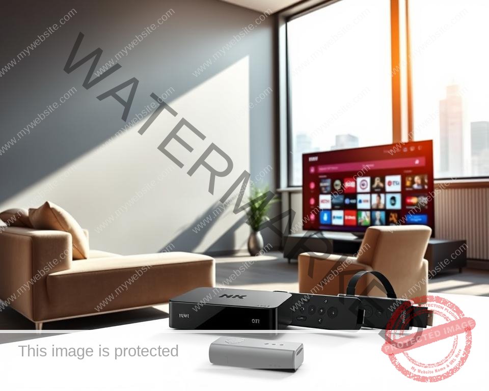 A modern, sleek living room with a large television screen prominently displayed. The room is brightly lit by natural light streaming through large windows, creating a warm and inviting atmosphere. In the foreground, a cozy sofa and armchair are arranged facing the television, suggesting a comfortable viewing experience. The middle ground features various streaming devices, such as a smart TV, set-top box, or streaming stick, showcasing the latest technology for accessing UK TV channels. The background includes subtle hints of a contemporary urban setting, perhaps a city skyline visible through the windows, reinforcing the idea of a versatile, on-the-go streaming solution.