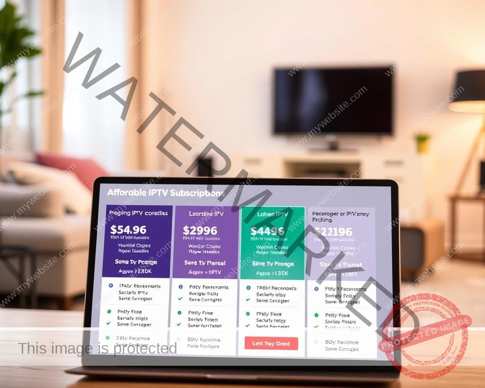 A series of affordable IPTV subscription plans against a soft, blurred background depicting a cozy living room setup. In the foreground, a laptop display showcases various package options, with clear pricing details and feature highlights. The lighting is warm and inviting, creating a welcoming atmosphere. The overall composition emphasizes the accessibility and convenience of these IPTV plans, catering to the needs of UK consumers seeking a comprehensive and cost-effective entertainment solution.
