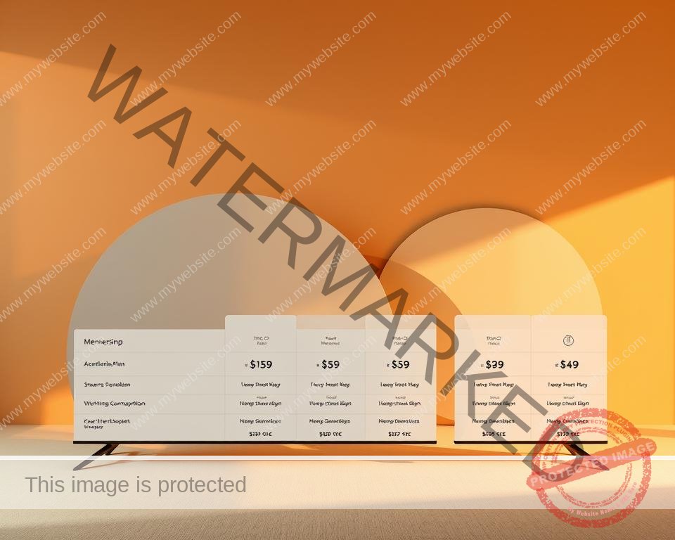 A sleek and minimalist display of streaming membership plans, showcased against a warm, inviting background. The foreground features a clean grid layout highlighting the various subscription tiers, each with distinct icons and pricing details. The middle ground showcases abstract shapes and gradients, creating a sense of depth and sophistication. The background is softly lit, with subtle lighting effects that enhance the overall elegance of the scene. The overall composition conveys a sense of accessible luxury, inviting the viewer to explore the flexible and tailored membership options available.