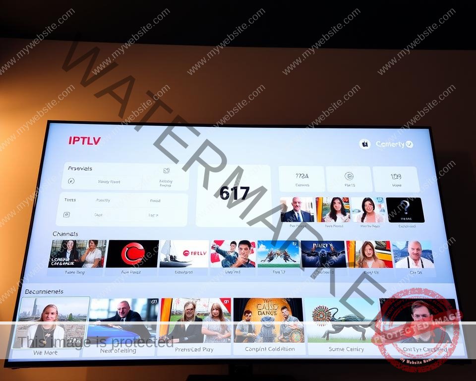 A sleek and modern IPTV service provider interface, showcasing a clean and intuitive dashboard. The foreground displays a range of popular UK TV channels available, with crisp, high-definition thumbnails. The middle ground features a minimalist menu system, allowing seamless navigation through a vast library of live and on-demand content. In the background, a subtle geometric pattern creates a sense of depth and professionalism. The overall mood is one of efficiency, accessibility, and a premium user experience tailored for UK viewers. Lighting is soft and balanced, with a slight warm tone, and the camera angle provides a clear, detailed overview of the service's key features.