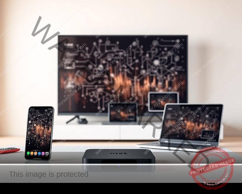 A sleek and modern setting showcasing a variety of compatible devices for IPTV services in the UK. In the foreground, a state-of-the-art smart TV, a high-end smartphone, and a modern streaming box are elegantly displayed against a minimalist white backdrop, highlighting their seamless integration. In the middle ground, a laptop and a tablet demonstrate the multi-device versatility of the IPTV platform, while in the background, a subtle mesh of technical diagrams and network infrastructure subtly conveys the robust technological capabilities powering the service. Soft, warm lighting and a clean, sophisticated aesthetic create an inviting and premium visual experience.