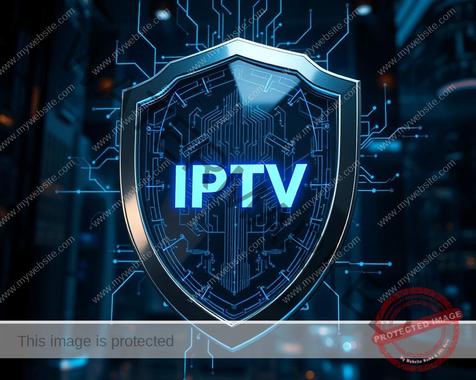 A sleek, high-tech security shield made of gleaming metal and glass, emblazoned with the IPTV logo. The shield hovers in a dimly lit, futuristic setting, casting a soft blue glow. Intricate circuitry and data streams flicker across the surface, conveying the advanced, impenetrable nature of the security system. The shield is positioned prominently in the foreground, with a backdrop of towering skyscrapers and a futuristic cityscape, suggesting the robust protection it offers for IPTV services. The composition creates a sense of power, security, and technological sophistication.