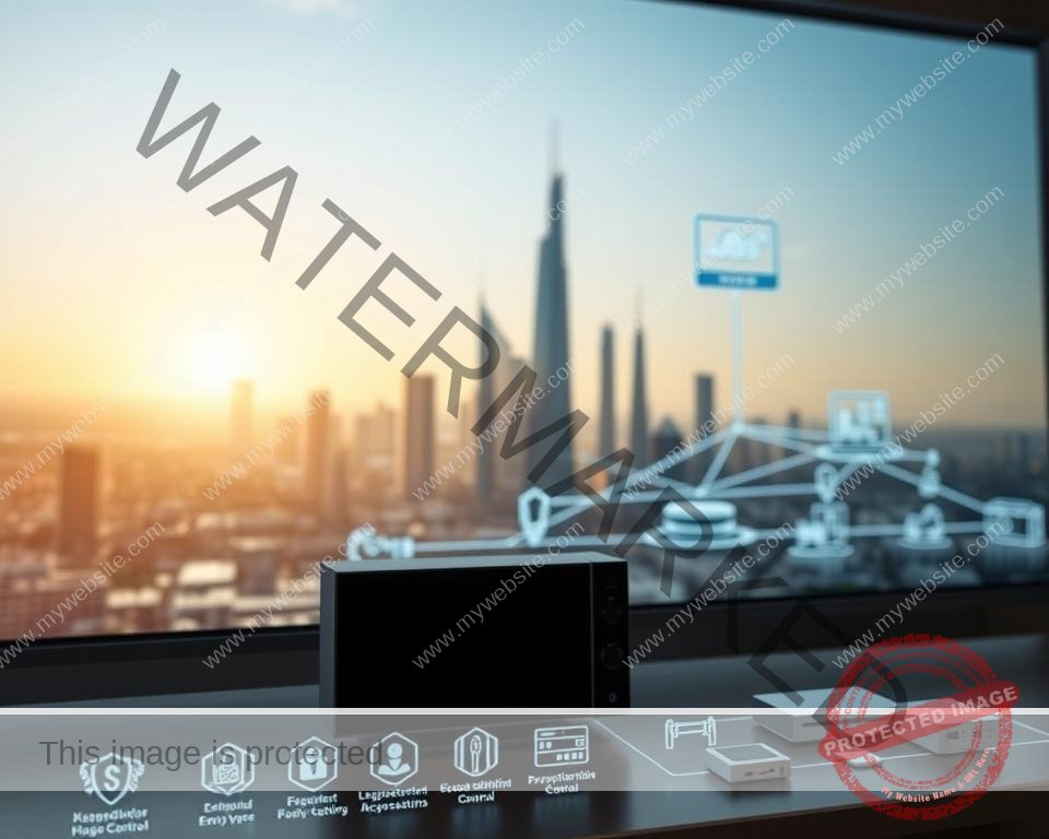 A sleek, modern IPTV security solution system with a clean, minimalist interface. The foreground features various icons and visual elements representing security protocols, encryption, and access control. The middle ground showcases a network diagram with interconnected devices, servers, and cloud-based infrastructure. The background depicts a subtle, futuristic cityscape with tall, angular buildings and a glowing skyline, conveying a sense of technological sophistication. The lighting is crisp and evenly distributed, highlighting the system's advanced features. The camera angle is slightly elevated, providing a comprehensive overview of the IPTV security solution's technical specifications and requirements.