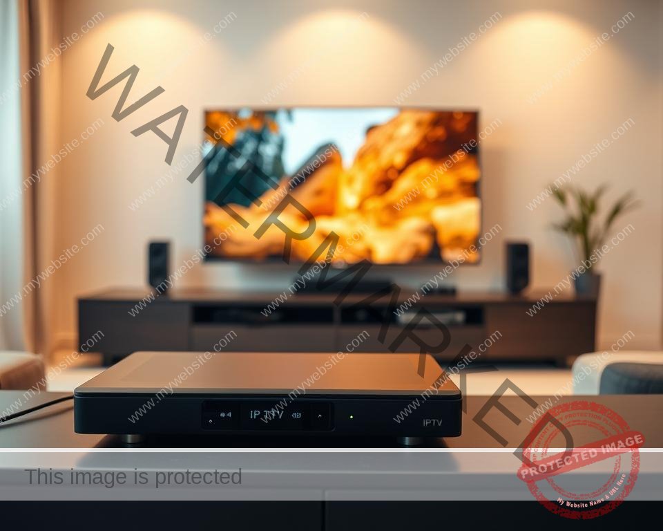 A sleek, modern IPTV setup in a minimalist home entertainment center. In the foreground, a state-of-the-art IPTV streaming device sits atop a media console, its clean lines and high-tech aesthetic conveying the power and convenience of this technology. In the middle ground, a large, high-definition television displays a vibrant, crystal-clear image, highlighting the exceptional video quality IPTV can deliver. The background features a simple, uncluttered living space, with warm, diffused lighting that creates a cozy, inviting atmosphere, suggestive of the seamless entertainment experience IPTV can provide.