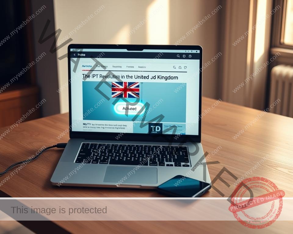 A sleek, modern home office setup, featuring a laptop computer and smartphone on a minimalist wooden desk. A news article on the laptop screen showcases the headline "The IPTV Revolution in the United Kingdom", with an illustration of a UK flag and a glowing activation button. Soft, natural lighting illuminates the scene, casting warm shadows and highlights. The overall atmosphere conveys a sense of technological progress and the convenience of online IPTV services in the UK.