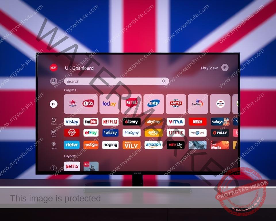 A sleek, modern television streaming interface set against a subtly blurred background of the British flag. The user dashboard displays a grid of popular UK TV channel logos, with a prominent search bar and customizable menu options. The interface is illuminated by soft, warm lighting, creating a welcoming and intuitive user experience. The layout is clean and uncluttered, with high-quality visuals and a responsive, touch-friendly design. The overall aesthetic conveys a sense of accessibility, seamlessness, and the ability to access a wide range of British television content anytime, anywhere.