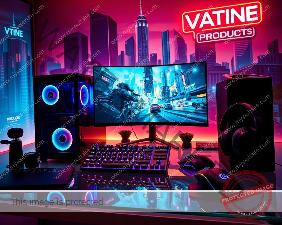A vibrant and captivating gaming product special promotion scene, featuring a sleek, cutting-edge gaming PC in the foreground, surrounded by a selection of high-performance peripherals like an RGB mechanical keyboard, a precision gaming mouse, and a pair of immersive gaming headphones. The gaming setup is positioned on a minimalist, glass-topped desk, with a warm, diffused lighting illuminating the scene, creating a welcoming and inviting atmosphere. In the middle ground, a large, curved gaming monitor displays an intense action-packed gameplay sequence, drawing the viewer's attention to the immersive gaming experience. The background showcases a stylized, futuristic cityscape, with towering skyscrapers and neon-lit signage, hinting at the advanced technology powering the gaming system. The overall composition conveys a sense of excitement, innovation, and the thrill of the gaming lifestyle.