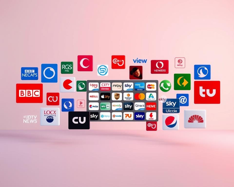 A vibrant array of UK IPTV channel logos float in a sleek, minimalist 3D space. The foreground features a diverse selection of popular channels, including BBC, ITV, Channel 4, and Sky News, each with a distinct and recognizable emblem. The middle ground showcases a grid of additional channel icons, representing the breadth of content available on premium IPTV platforms. In the background, a subtle gradient backdrop adds depth and a sense of high-end digital sophistication. The lighting is soft and diffused, creating a clean, professional aesthetic. The camera angle is slightly elevated, giving the viewer a comprehensive overview of the channel lineup, conveying the comprehensive nature of the premium IPTV offering.