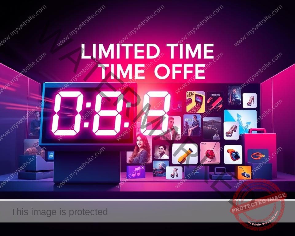 A vibrant, dynamic illustration of a "limited time offer" promotion. In the foreground, a striking countdown timer, its digital display pulsing with a sense of urgency. The numbers race against the clock, emphasizing the limited window of opportunity. In the middle ground, an array of enticing product images, strategically arranged to draw the viewer's attention. The lighting is dramatic, casting shadows and highlights that add depth and dimension. In the background, a sleek, minimalist design aesthetic, with clean lines and a bold color palette that evokes a sense of exclusivity and premium quality. The overall mood is one of excitement and anticipation, conveying the message that this offer is a rare and valuable opportunity that must be seized before it's too late.