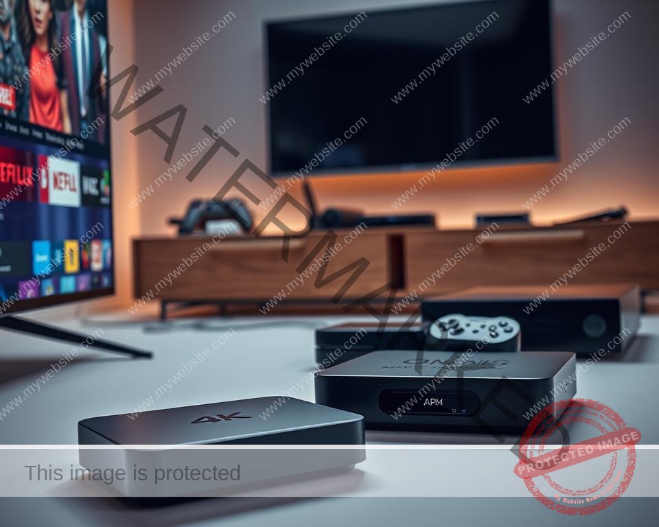 A well-lit studio setting showcasing an arrangement of modern streaming devices. In the foreground, a sleek smart TV, its screen displaying vivid 4K content. Beside it, a compact streaming box with a polished metallic casing. In the middle ground, a wireless gaming console and a high-end media player, their LED indicators softly pulsing. In the background, neatly organized cables and a minimalist entertainment unit in a warm, muted color palette. The lighting is soft and even, creating a sense of sophistication and technological prowess. The camera angle is slightly elevated, allowing the devices to be viewed from an optimal perspective.