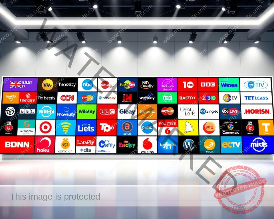 A wide-angle, high-definition shot of a vibrant collage of iconic British television channel logos, arranged in a grid-like display against a sleek, modern studio backdrop. The logos are rendered in their signature colors and designs, capturing the diverse range of programming and entertainment options available to UK viewers. The lighting is bright and evenly distributed, creating a sense of clarity and professionalism. The overall composition is balanced and visually appealing, showcasing the comprehensive selection of channels in a visually striking manner.
