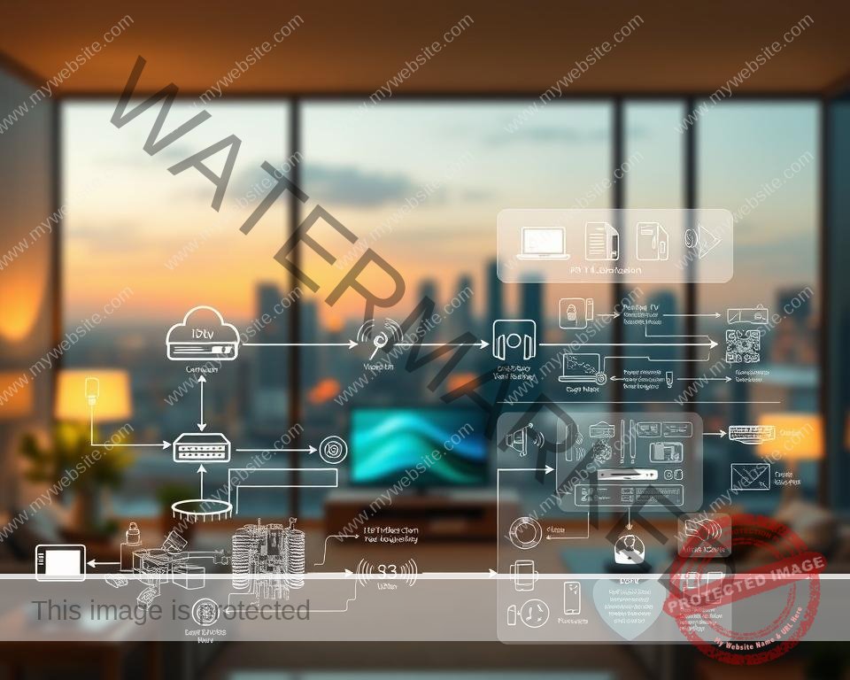 An expansive, high-resolution image showcasing the inner workings of IPTV technology. In the foreground, a stylized diagram depicts the seamless transmission of digital video and audio content from internet-based servers to various connected devices in a modern household. The middle ground features detailed schematics and technical specifications, illustrating the core components and infrastructure that enable IPTV's real-time streaming capabilities. In the background, a softly blurred cityscape provides a contextual backdrop, hinting at the ubiquity and global reach of this innovative content delivery system. The overall scene is illuminated by a warm, ambient lighting that conveys a sense of advanced, yet accessible, technology.