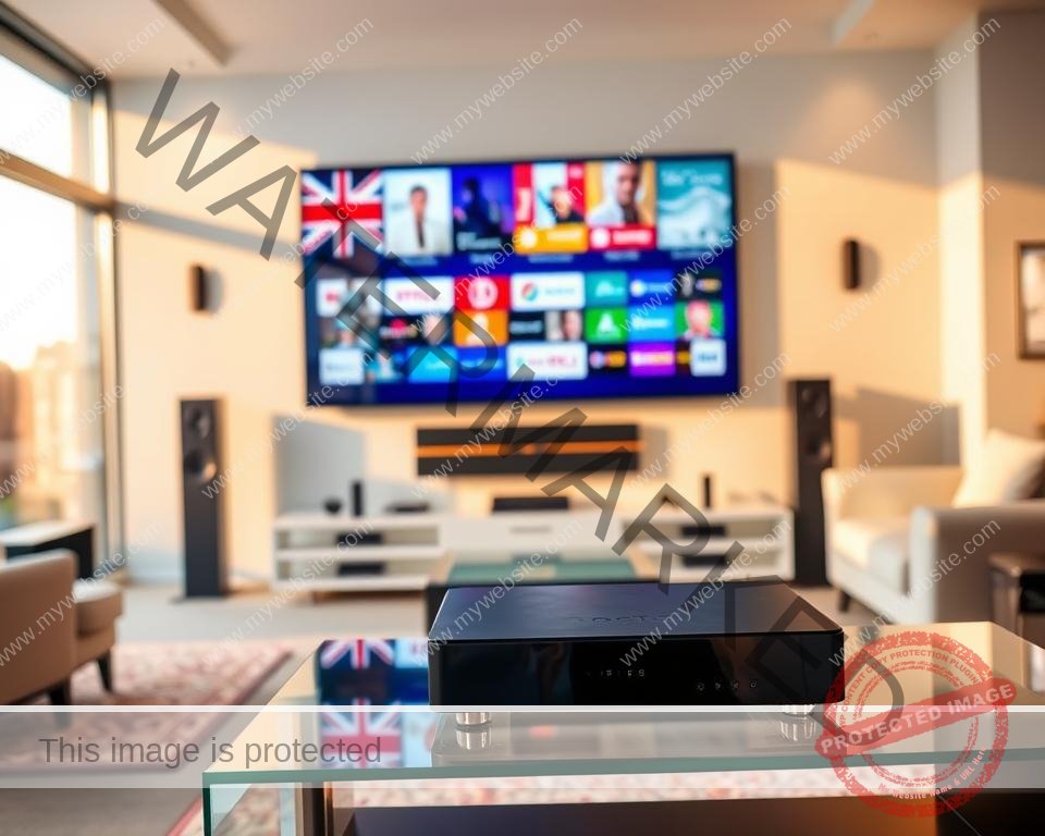 Prompt A sleek modern living room with a large wall-mounted flat-screen TV displaying a vibrant selection of UK television channels, surrounded by high-end audio equipment and smart home devices. The room is bathed in warm, natural lighting filtered through large windows, creating a cozy and inviting atmosphere. In the foreground, a sophisticated IPTV device sits prominently on a minimalist glass and metal entertainment center, ready to deliver the best in UK television programming directly to the viewer's fingertips. The overall scene conveys the seamless integration of technology and the comforts of home, offering a glimpse into the key benefits of using IPTV for UK television.